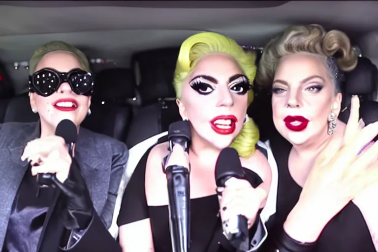 Image similar to lady gaga and judy garland doing carpool karaoke, lady gaga and judy garland, carpool karaoke, lady gaga, judy garland, carpool karaoke, youtube video screenshot, the late late show with james corden, higly realistic, high resolution, dashcam