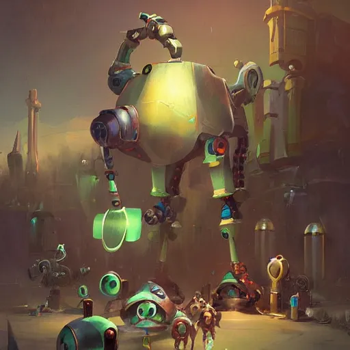 Image similar to The robot ostrich factory from warcraft gnomes, artwork by Sergey Kolesov