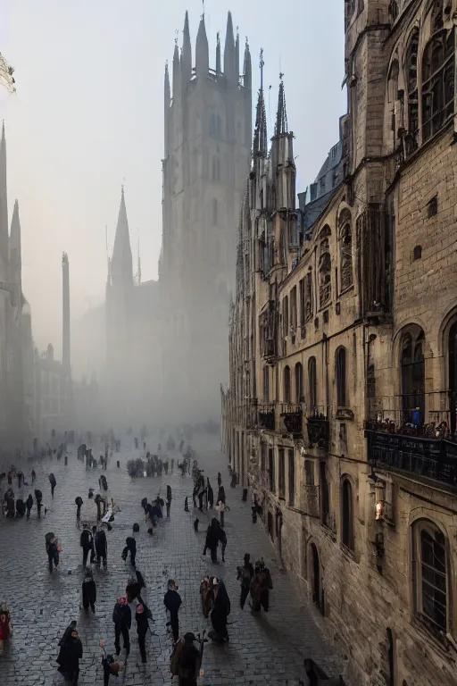 Prompt: a photo of a sprawling, medieval market in a huge city of large stonebuildings, tall towers and spires. Early morning, low hanging mist. Low camera angle. Wide lens.