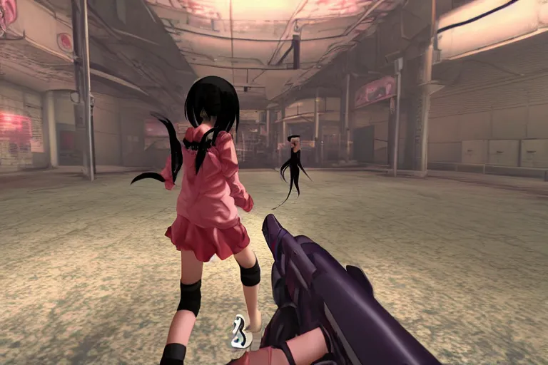 Image similar to an anime girl in a screenshot of the video game doom, the anime girl is running away