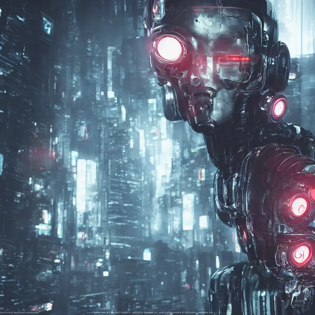 Prompt: a cyberpunk portait of a robot with red eyes, highly detailed, octane render, cyberpunk, high quality, 8K HDR, unreal engine 5,psycho