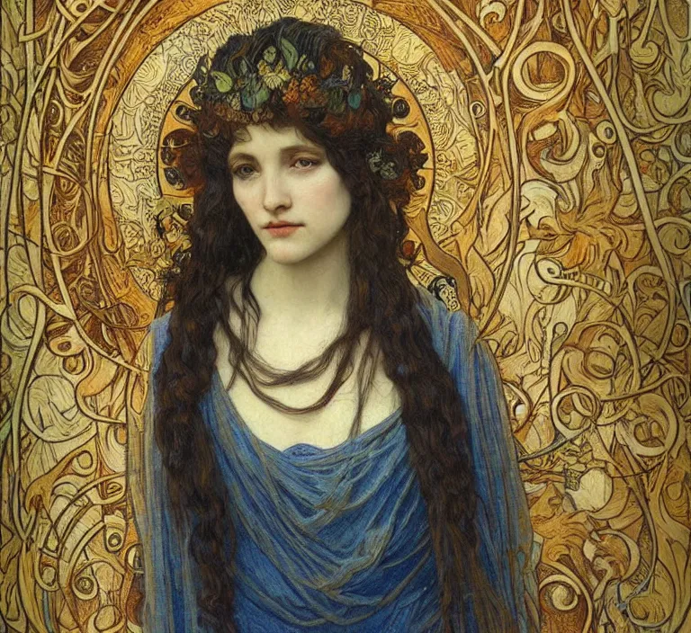 Image similar to detailed realistic beautiful young medieval queen face portrait by jean delville, alphonse mucha, vincent van gogh, and marco mazzoni, art nouveau, symbolist, visionary, gothic, pre - raphaelite
