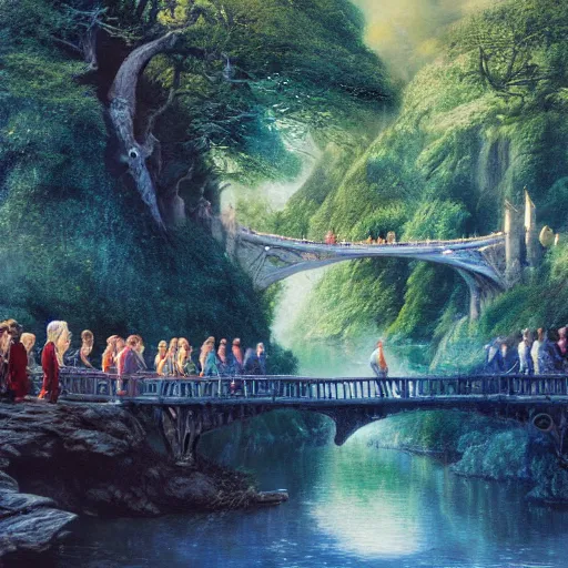 Image similar to the hobbits with gandalf are walking along the bridge to rivendell, the elves warmly welcome them, blue clear sky, vivid color, highly detailed, digital painting, artstation, matte, sharp focus, impressionnisme, art by shishkin and kuindzhi