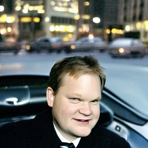 Image similar to 1 9 9 8 andy richter wearing a black wool coat and necktie in his car driving through the streets of chicago at night, pov back seat of car, cozy atmosphere