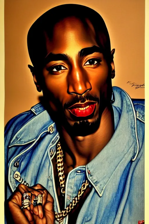 Image similar to tupac shakur portrait by gil elvgren and norman rockwell and rob gonsalves and hajime sorayama, hyperrealistic, high detail, ultra detailed, highly detailed face, ruffled fabric