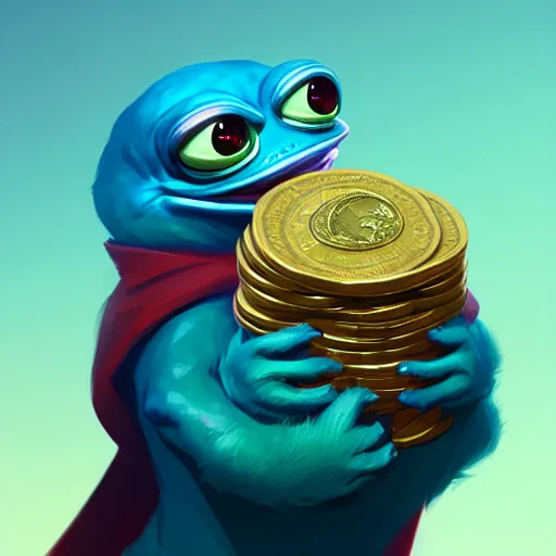 Image similar to super rich happy pepe, luxury, treasury, coins, money, hyper detalied, blue crystals, greg rutkowski, artstation