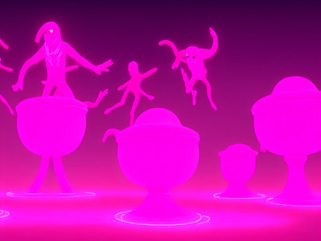 Image similar to ghosts and spirits surrounding a glowing neon pink cauldron hd render