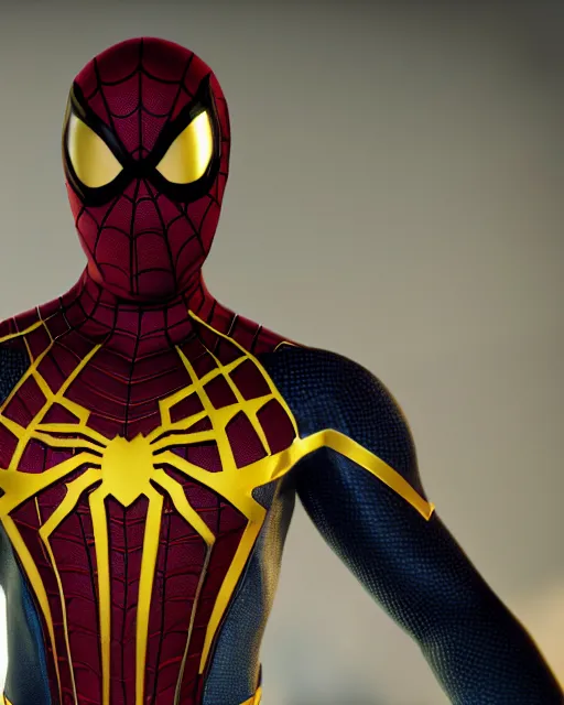 Image similar to photorealistic, hyperdetailed photograph of black spider - man suit with gold webbing by insomniac games