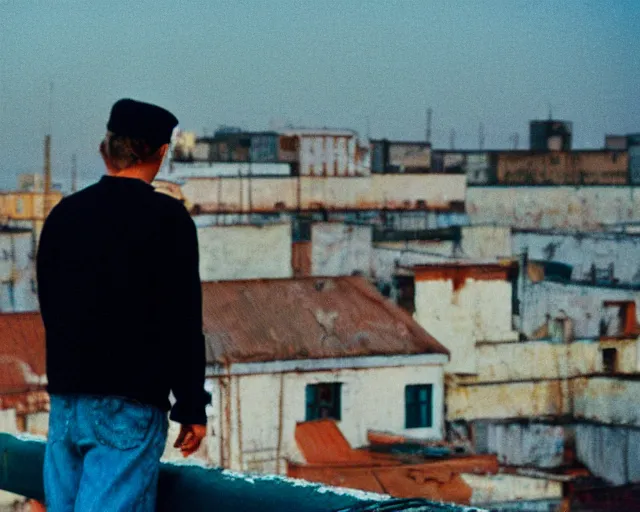 Image similar to lomo photo of man standing on the roof of soviet hrushevka, small town, cinestill, bokeh, out of focus