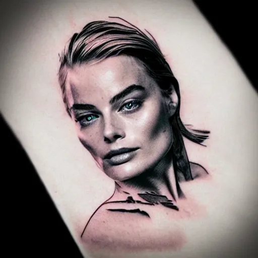 Image similar to tattoo design sketch with double exposure effect, margot robbie face and beautiful mountains, in the style of matteo pasqualin, amazing detail