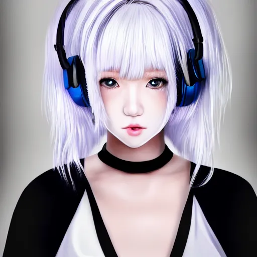Image similar to realistic teasing detailed semirealism beautiful gorgeous cute Blackpink Lalisa Manoban white hair white cat ears blue eyes, wearing black camisole outfit, headphones, black leather choker full HD 4K high resolution quality WLOP, Aztodio, Taejune Kim, Guweiz, Pixiv, Instagram, Artstation