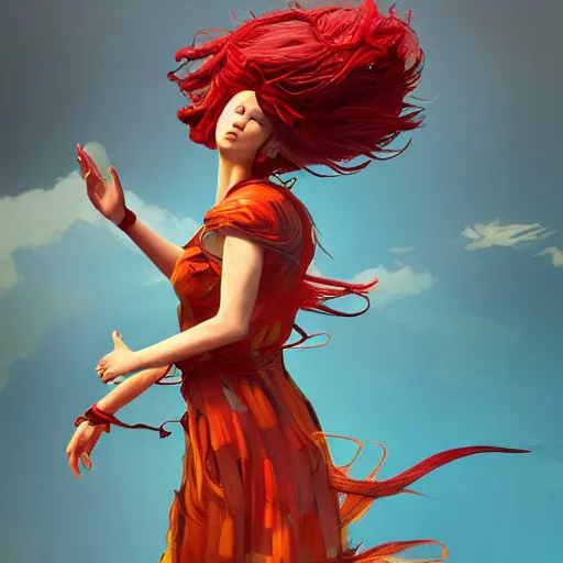 Image similar to goddes of the sun, beautiful, stunning, red golden dress, whirling with power in the sky, unreal engine, concept art, photorealistic, cinematic, james jean, akira, satochi con