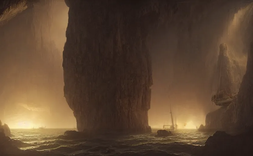 Prompt: A galleon ship, three masts, in a cave. Underexposed, dark. Atmospheric matte painting by Darek Zabrocki and Christophe Vacher