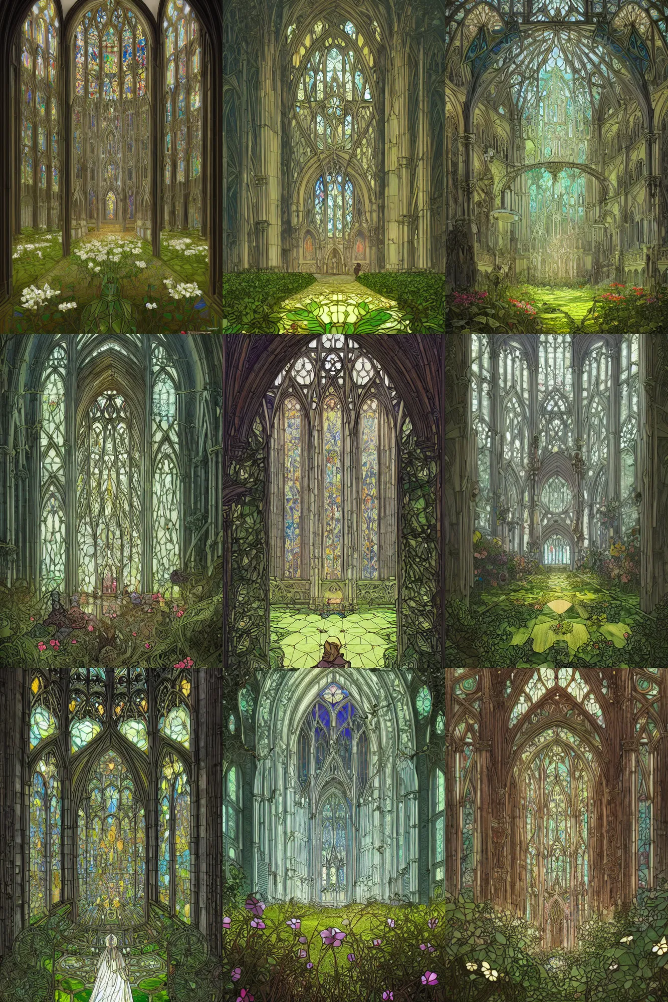Prompt: interior of the old cathedral, stained glass, gothic style, bushes, white flowers, green grass, damaged floor, Dan Mumford, Peter Mohrbacher, Alfons Mucha, fantasy, detailed illustration, hd, 4k, digital art, overdetailed art, concept art, trending on artstation
