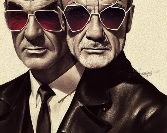 Prompt: young sean connery as 1 9 6 0 s james bond wearing sunglasses and a leather jacket, photography of kurzgesagt, deep focus, d & d, fantasy, intricate, elegant, highly detailed, digital painting, artstation, concept art, matte, sharp focus, illustration, hearthstone, art by artgerm and greg rutkowski and alphonse mucha