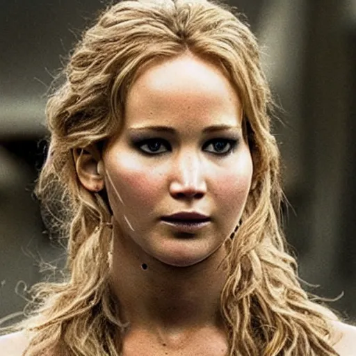 Prompt: first photos of 2 0 2 4 female 3 0 0 remake - jennifer lawrence as leonidas, put on 1 0 0 pounds of muscle, steroids, hgh, ( eos 5 ds r, iso 1 0 0, f / 8, 1 / 1 2 5, 8 4 mm, postprocessed, crisp face, facial features )