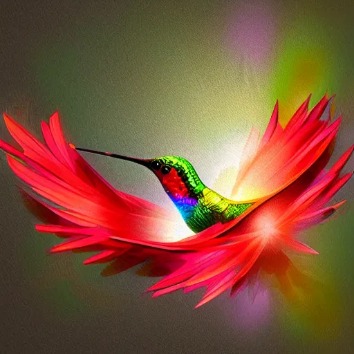 Prompt: magical realism painting of colorful iridescent hummingbird sipping nectar from red flower photo realistic 3d render