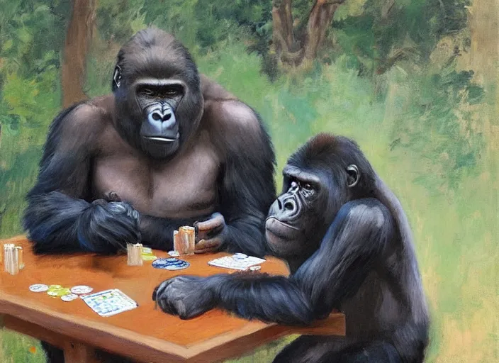 Prompt: a highly detailed beautiful portrait of a gorilla playing poker with a bear, by gregory manchess, james gurney, james jean