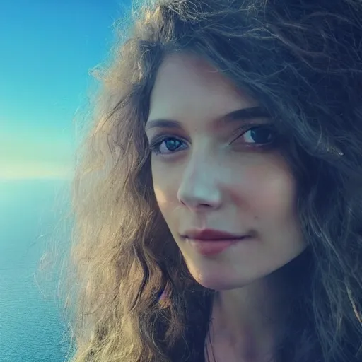 Image similar to Selfie of a beautiful woman with gorgeous flowy hair, standing over a cliff, beautiful volumetric lighting, subsurface scattering!!!!!!, (((((vivid))))) atmosphere, radiant sunshine, trending on artstation, 4k, 8k, artstation portrait imagery, fisheye!!!!! lens, instagram!!!!! selfie!!!!!