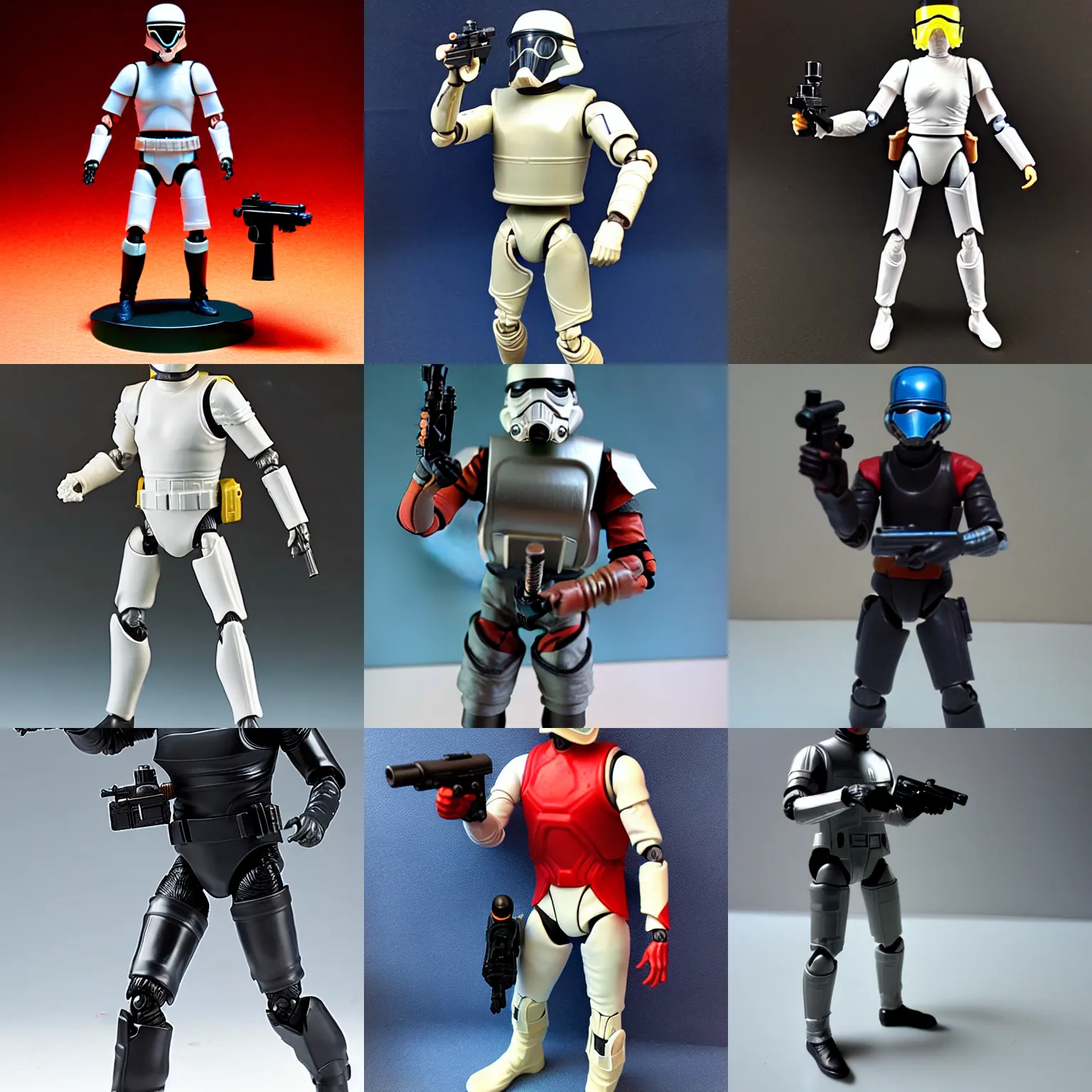 Prompt: full body vintage sci - fi action figure with helmet and visor, holding a blaster, highly detailed