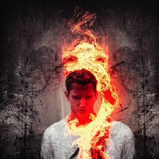 Image similar to a man in fire, Double exposure.