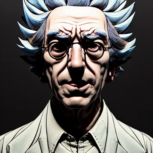 Image similar to 3 0 0 0 rick sanchez portrait soft light by james jean and katsuhiro otomo and erik jones and mc escher, inspired by akira anime, smooth face feature, intricate high details, sharp, ultradetailed, 3 d octane render