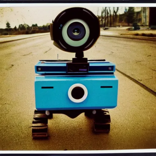 Image similar to polaroid of wall - e robot in abandoned washington city