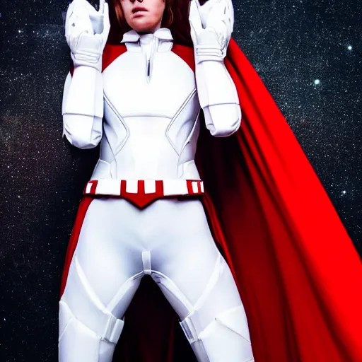 Image similar to portrait of a athletic female soldier in glossy sleek white armor with tiny red details and a long red cape, heroic posture, on the surface of mars, night time, dramatic lighting, cinematic, sci-fi, hyperrealistic