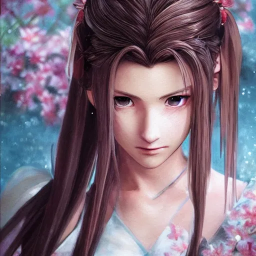 Prompt: portrait of aerith!!!!!!!!! from final fantasy vii with a peaceful expression, water - color painting by amano yoshitaka, ultra realistic, highly detailed, sharp focus, cinematic lighting, mood lighting, realistic, vivid colors, painting, photorealistic, digital art, non blurry, sharp, smooth, illustration