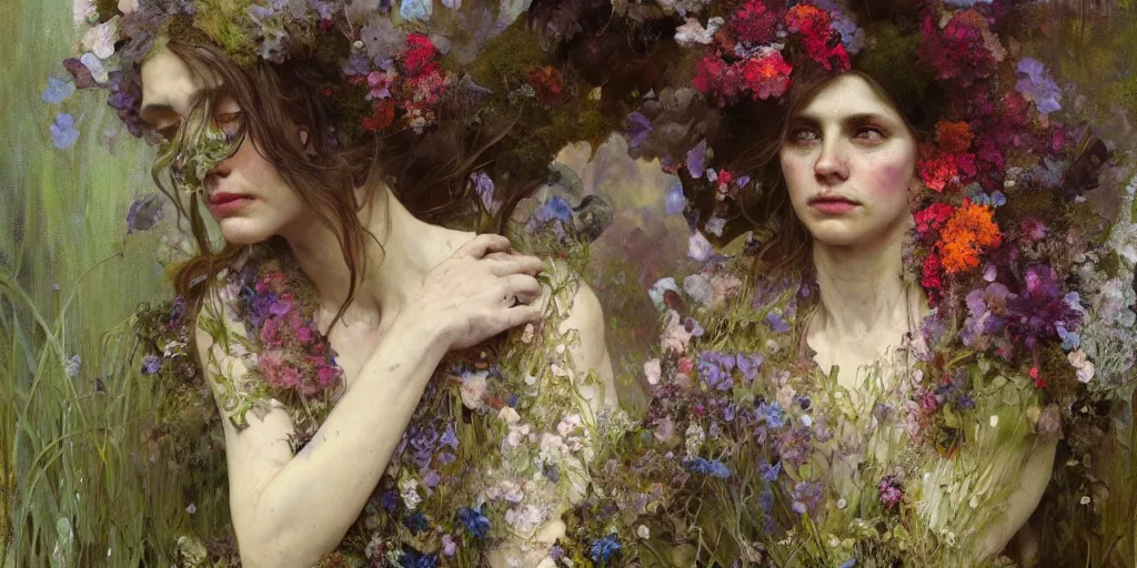 Image similar to hyperrealist portrait of a sad man covered in a dress of flowers, moss and fungi. by jeremy mann and alphonse mucha, fantasy art, photo realistic, dynamic lighting, artstation, poster, volumetric lighting, very detailed faces, 4 k, award winning