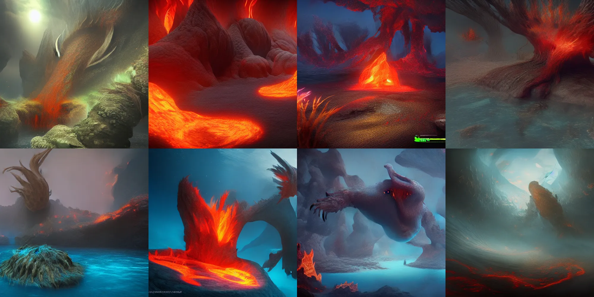 Prompt: weird beutiful creature, fantasy art, swiming in lava, unreal engine, 8K, cinematic