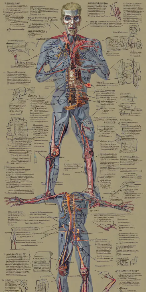 Image similar to anatomy of the terminator, diagrams, map, marginalia, sketchbook, old script, inhabited initials, pastel infographic by Wes Anderson and victo ngai