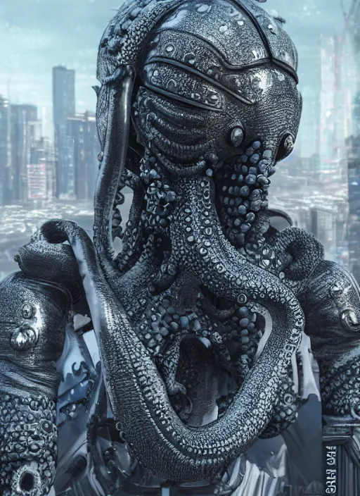 Prompt: hyperrealism, detailed textures, photorealistic 3 d cyberpunk octopus queen in apocalyptic city, futuristic clothing and helmet, ultra realistic, cinematic, intricate, low light, unreal engine 8 k