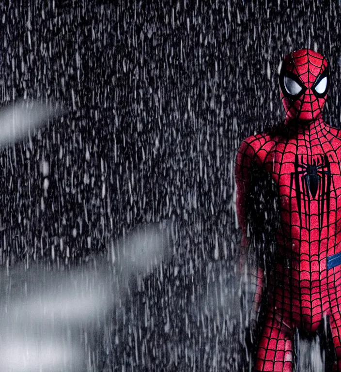 Image similar to cinematic of tobey maguire as spiderman, dramatic rain, 8 k, moody lighting