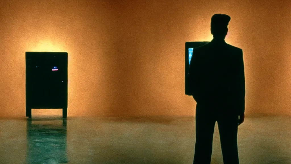 Prompt: movie scene of a man standing in front of a multiverse machine, movie still, cinematic composition, cinematic light, pastel color scheme, movie by David Lynch