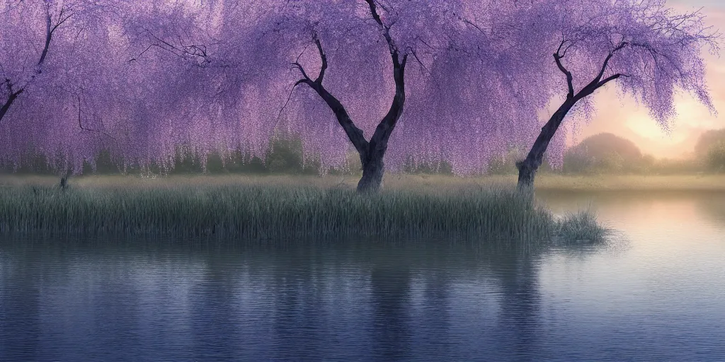 Image similar to a majestic blue heron in shallow river, willow trees, cherry blossom trees, lily pads, bullrushes, marsh, clouds, godrays, intricate, luminescent matte painting, highly detailed, artstation, dusk