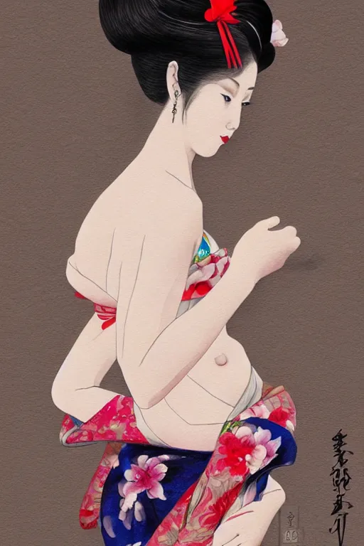 Image similar to extremely sensual geisha full body, one uncovered shoulder, different point of view, digital art, 8k, character, realistic, portrait, photorealism, japan watercolour, masterpiece art