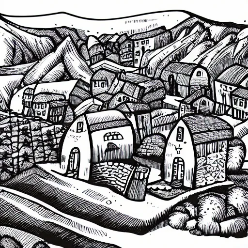 Image similar to mcbess illustration of a quaint village in the mountains