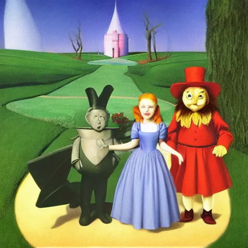 Image similar to Alice in Wonderland and Wizard of Oz by Raphael, Hopper, and Rene Magritte. detailed, romantic, enchanting, trending on artstation.