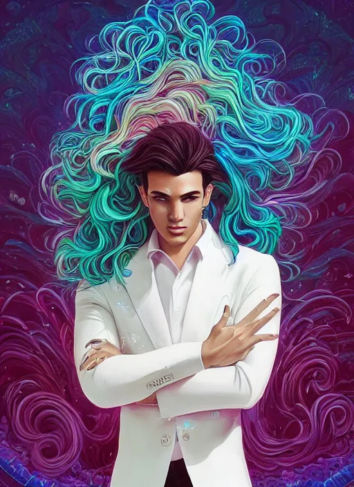 Image similar to magical, beautiful young man, wavy flowing hair, extremely detailed gorgeous face, sad eyes, tears, slim athletic body and attractive face, vaporwave aesthetic, synthwave, luxurious white suit, colorful, psychedelic, intricate, elegant, highly detailed, digital painting, artstation, concept art, smooth, sharp focus, illustration, art by artgerm and greg rutkowski and alphonse mucha