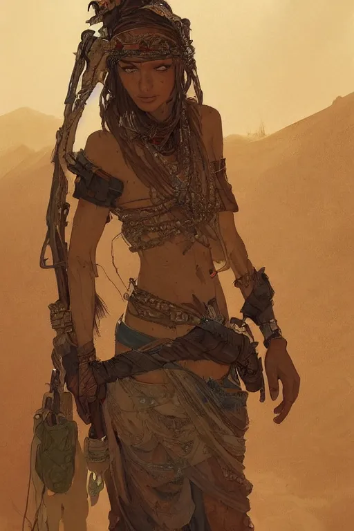 Prompt: a full body portrait of a beautiful post apocalyptic offworld desert bedouin blind barbarian leper by the road, intricate, elegant, highly detailed, digital painting, artstation, concept art, smooth, sharp focus, illustration, art by krenz cushart and artem demura and alphonse mucha