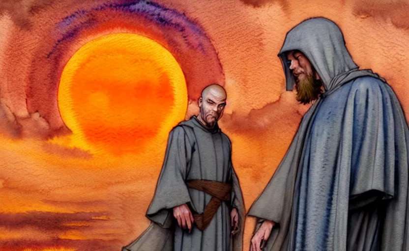 Image similar to a hyperrealist watercolor concept art of a medieval monk in grey robes with an orange sunset sky. a stargate is in the background and an blue sky is seen through the stargate. very muted colors, by rebecca guay, michael kaluta, charles vess. high detail, hq, wide shot, 4 k