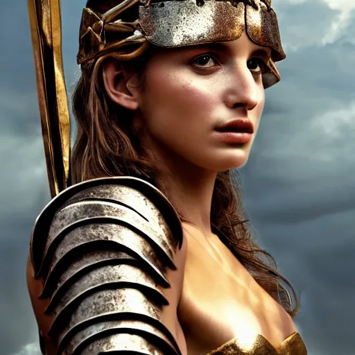 Image similar to Absolutely gorgeous greek goddess of fashion and fire, she is smithing the most metal armour for the olympian gods, cinematic lighting, high quality 8k hd, oil on canvas, hyperralistic art