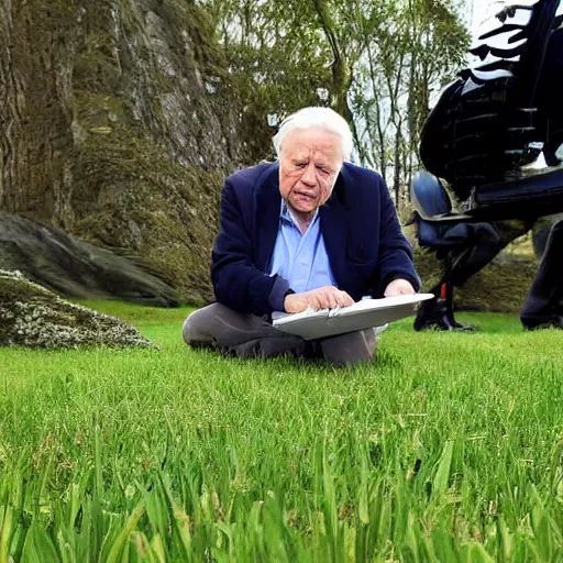 Prompt: david attenborough completing a captcha showing several computer-generated pictures of grass