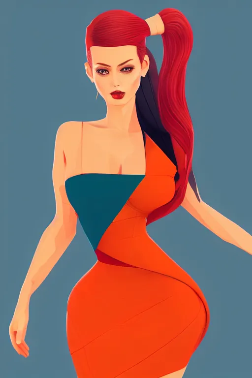 Image similar to full length illustration of beautifully female with amazing body figure wearing tight dress, ponytail hair, digital painting, trending on art station and devian art, pop art, low polygons illustration