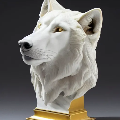 Prompt: a white marble bust of a wolf with gold filigree