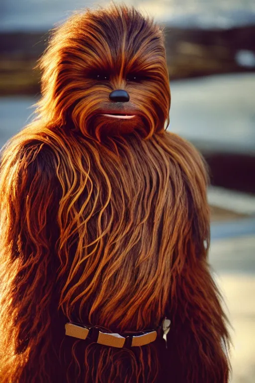 Image similar to photographic portrait of chewbacca suffering from male pattern baldness, cinematic photography, 35mm, evening light