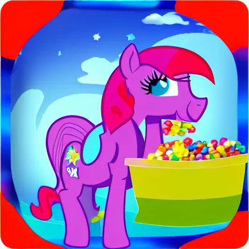 Prompt: A world of ponies and candy, cartoon for kids