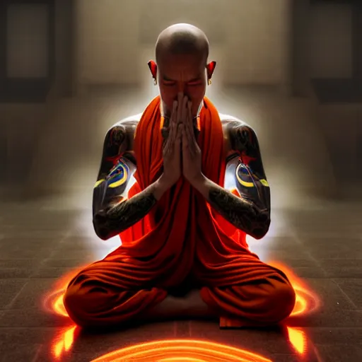 Image similar to an cybernetic monk praying with hands above head, monk robe and tattoos, octane render, unreal engine, 8 k, cinematic, artwork by ilya kuvshinov