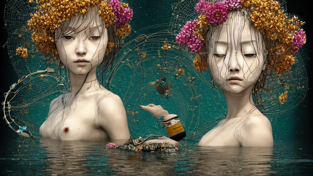 Image similar to prompt: Fragile looking vessel portrait face drawn by Katsuhiro Otomo, beautiful girl in lake with shining face octane 3d render super detailed, nymph in the water performing alchemy, small flowers and cables and wire around and on the side with artifacts and ancient book, intricate oil painting, high detail, Neo-expressionism, gnarly details